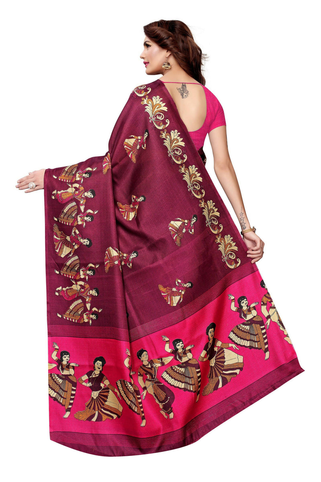 Vamika Wine Red & Pink Kalamkari With Jhalar Khadi Silk Saree | Grocsy
