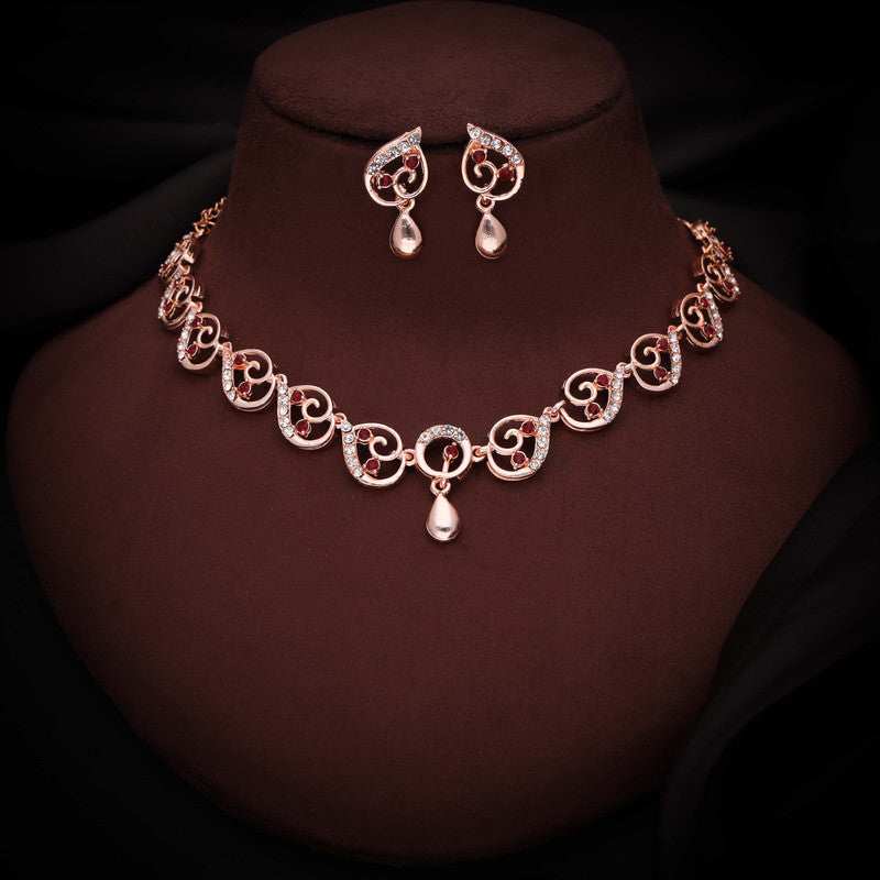 Tehzeeb Creations Brass Rose Gold-Polished Maroon Colour Necklace With Earrings | Grocsy