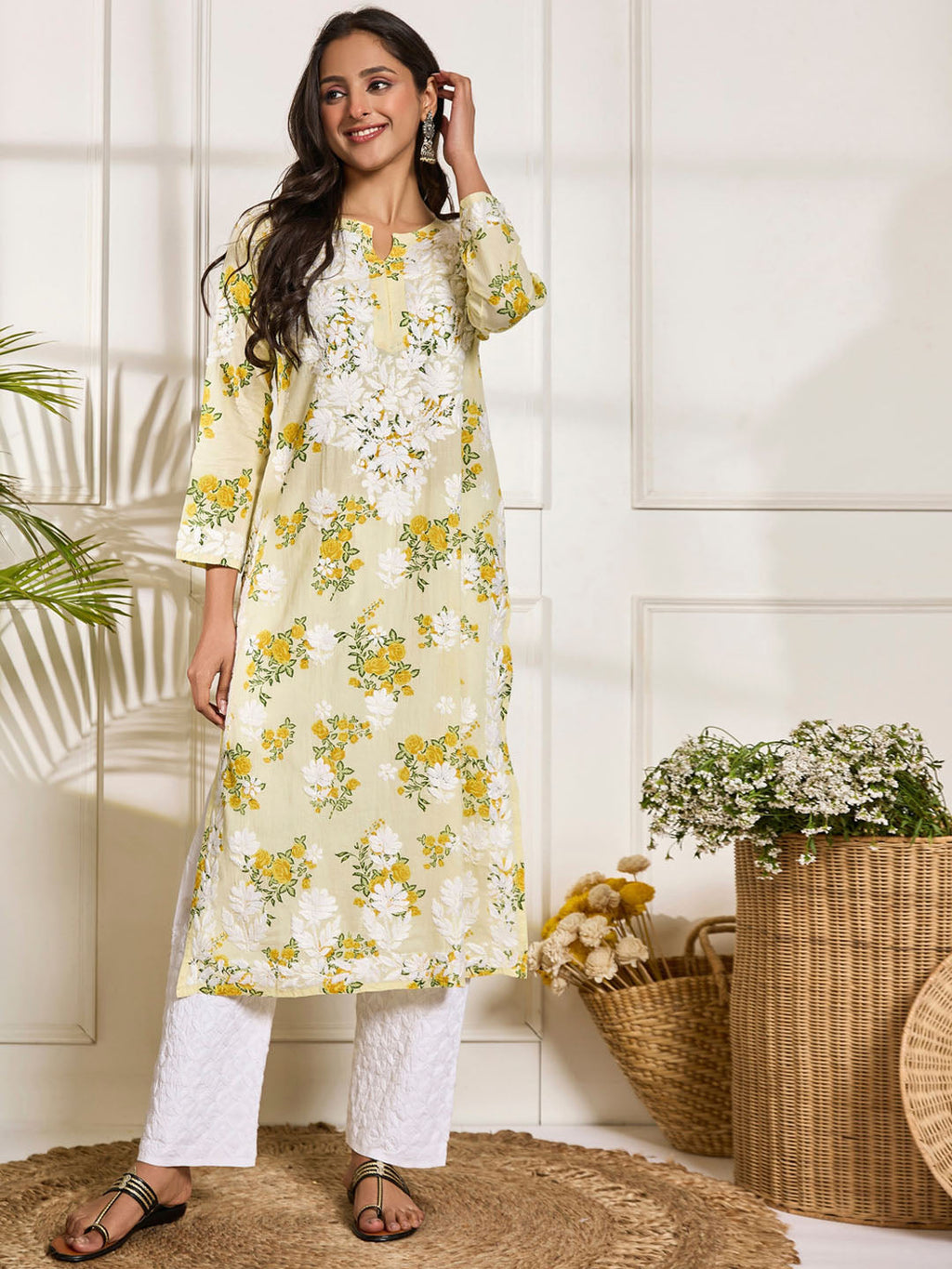 HOUSE OF KARI Floral Embroidered Chikankari Pure Cotton Kurta | Grocsy