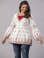 Juniper Multi-Color Cotton Dobby Peplum Tunic With Thread & Mirror Embroidery | Grocsy