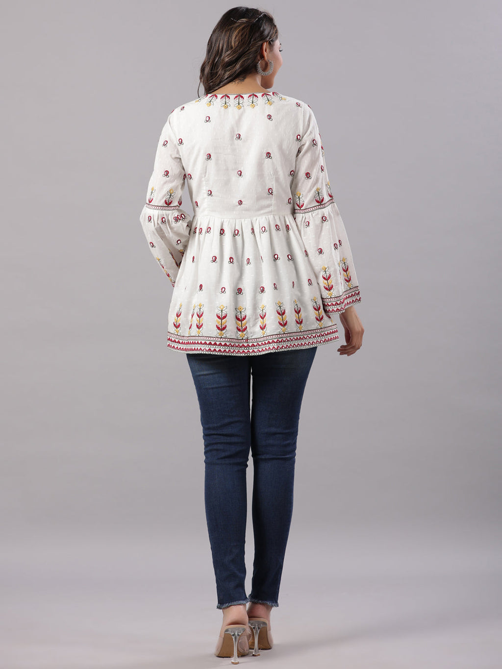 Juniper Multi-Color Cotton Dobby Peplum Tunic With Thread & Mirror Embroidery | Grocsy