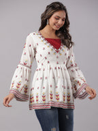 Juniper Multi-Color Cotton Dobby Peplum Tunic With Thread & Mirror Embroidery | Grocsy