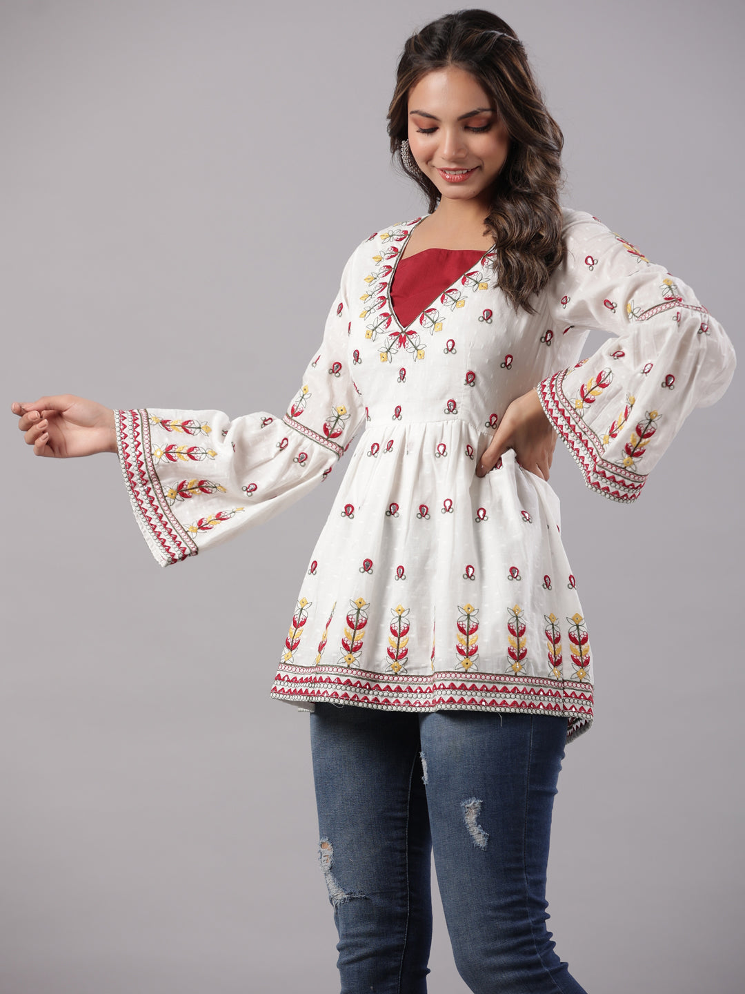 Juniper Multi-Color Cotton Dobby Peplum Tunic With Thread & Mirror Embroidery | Grocsy