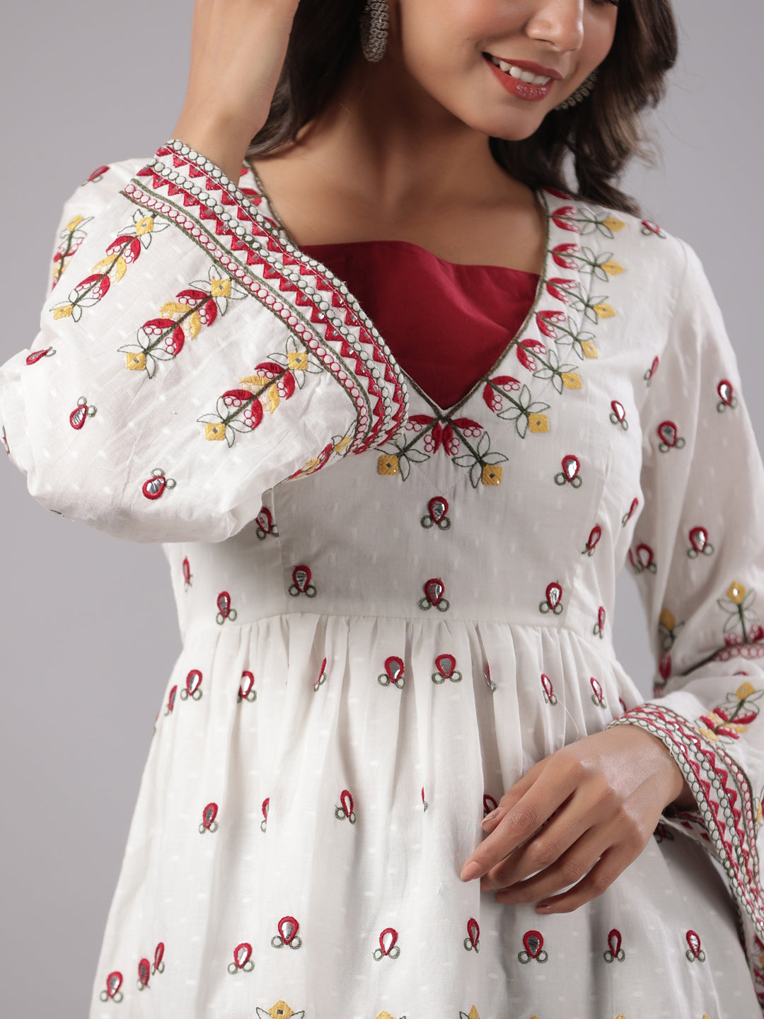 Juniper Multi-Color Cotton Dobby Peplum Tunic With Thread & Mirror Embroidery | Grocsy