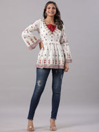 Juniper Multi-Color Cotton Dobby Peplum Tunic With Thread & Mirror Embroidery | Grocsy