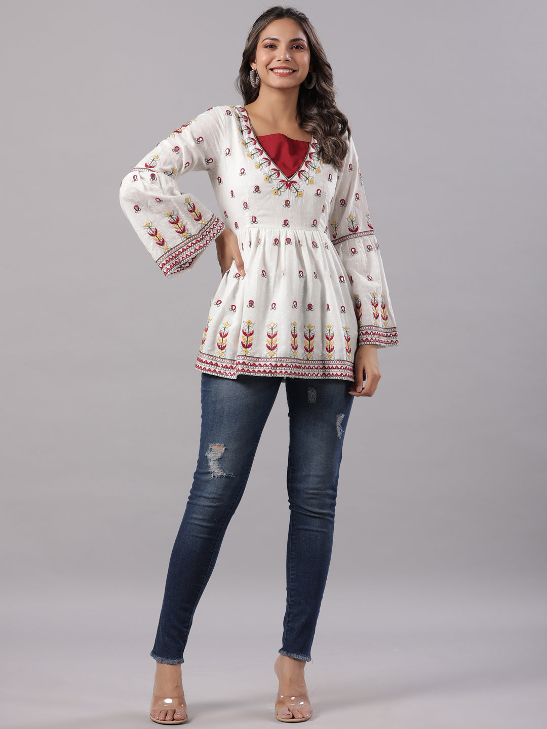 Juniper Multi-Color Cotton Dobby Peplum Tunic With Thread & Mirror Embroidery | Grocsy