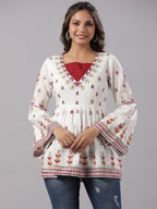 Juniper Multi-Color Cotton Dobby Peplum Tunic With Thread & Mirror Embroidery | Grocsy