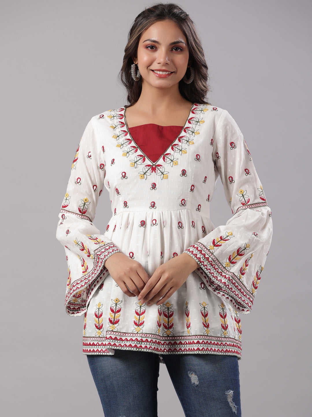 Juniper Multi-Color Cotton Dobby Peplum Tunic With Thread & Mirror Embroidery | Grocsy