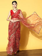 Tikhi Imli Red Floral Sequinned Organza Saree | Grocsy