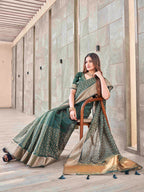 Tikhi Imli Olive Floral Embroidered Zari Organza Saree | Grocsy