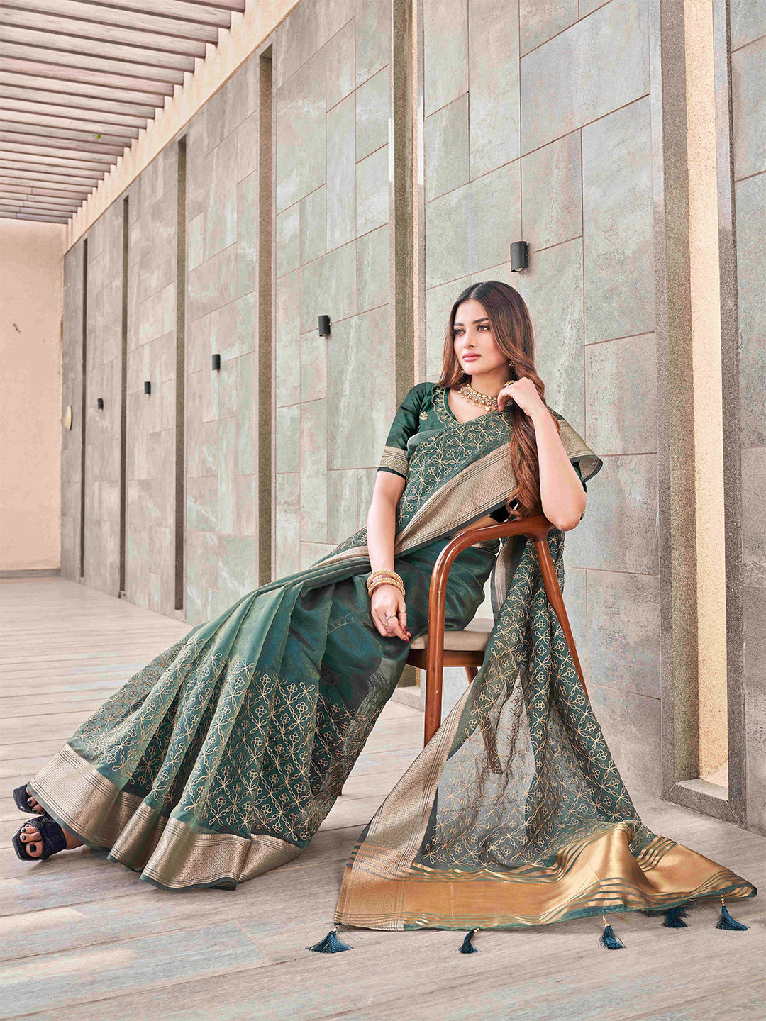 Tikhi Imli Olive Floral Embroidered Zari Organza Saree | Grocsy