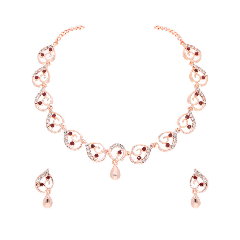 Tehzeeb Creations Brass Rose Gold-Polished Maroon Colour Necklace With Earrings | Grocsy