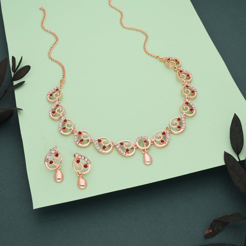 Tehzeeb Creations Brass Rose Gold-Polished Maroon Colour Necklace With Earrings | Grocsy