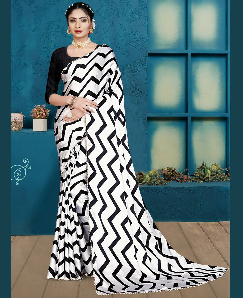 Black Japan Satin Stripe Printed Saree With Unstitched Blouse Piece - Laavanya | Grocsy