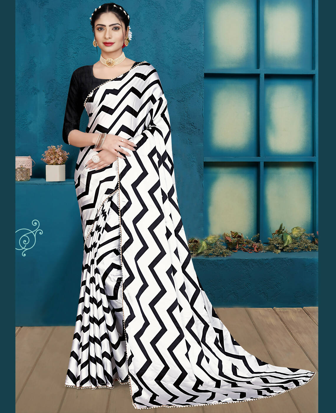 Black Japan Satin Stripe Printed Saree With Unstitched Blouse Piece - Laavanya | Grocsy