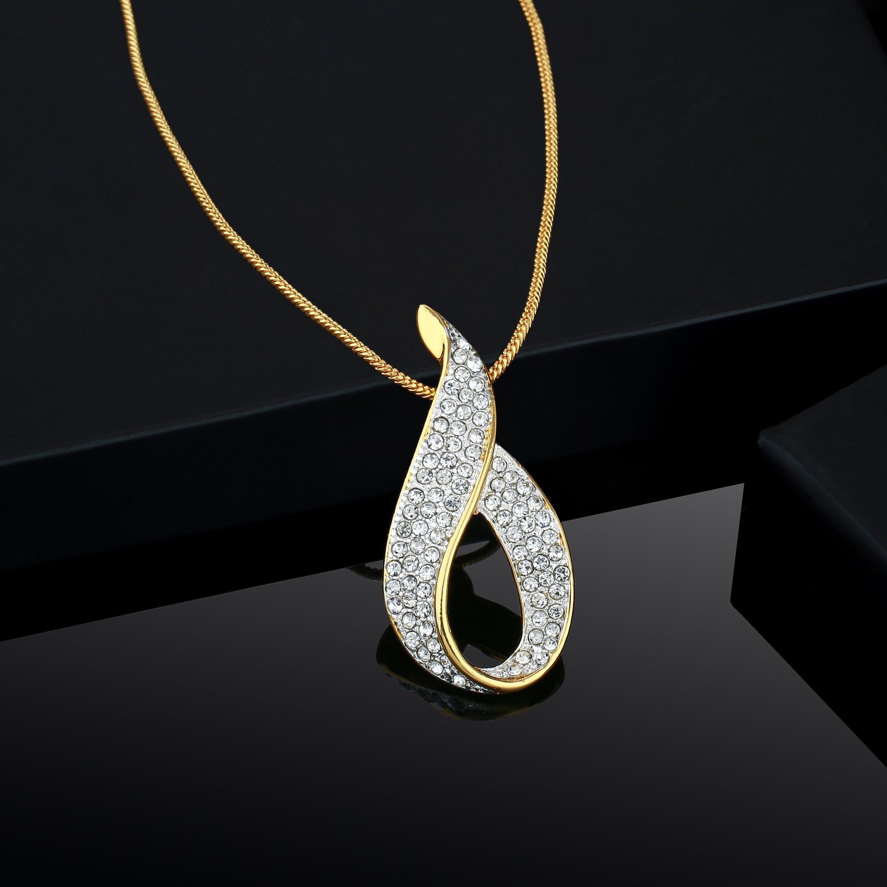 Estele Gold-Polished White Crystals Enhanced Oval Designer Charm Pendant Necklace with Chain for Women / Girls | Grocsy