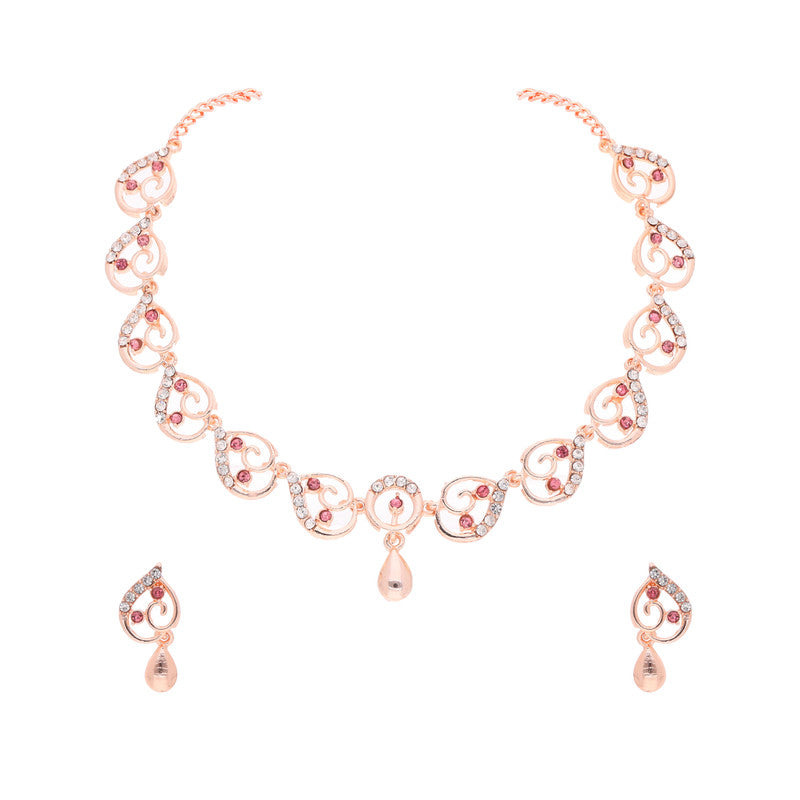 Tehzeeb Creations Brass Rose Gold-Polished Pink Colour Necklace With Earrings | Grocsy
