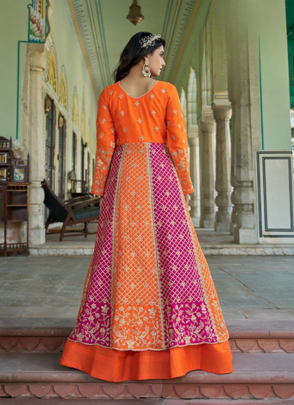 Anaita Orange Silk Anarkali Suit With Embroidery & Sequins Work | Grocsy