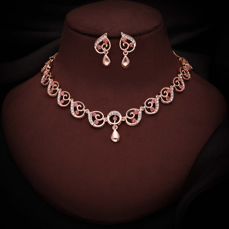 Tehzeeb Creations Brass Rose Gold-Polished Pink Colour Necklace With Earrings | Grocsy