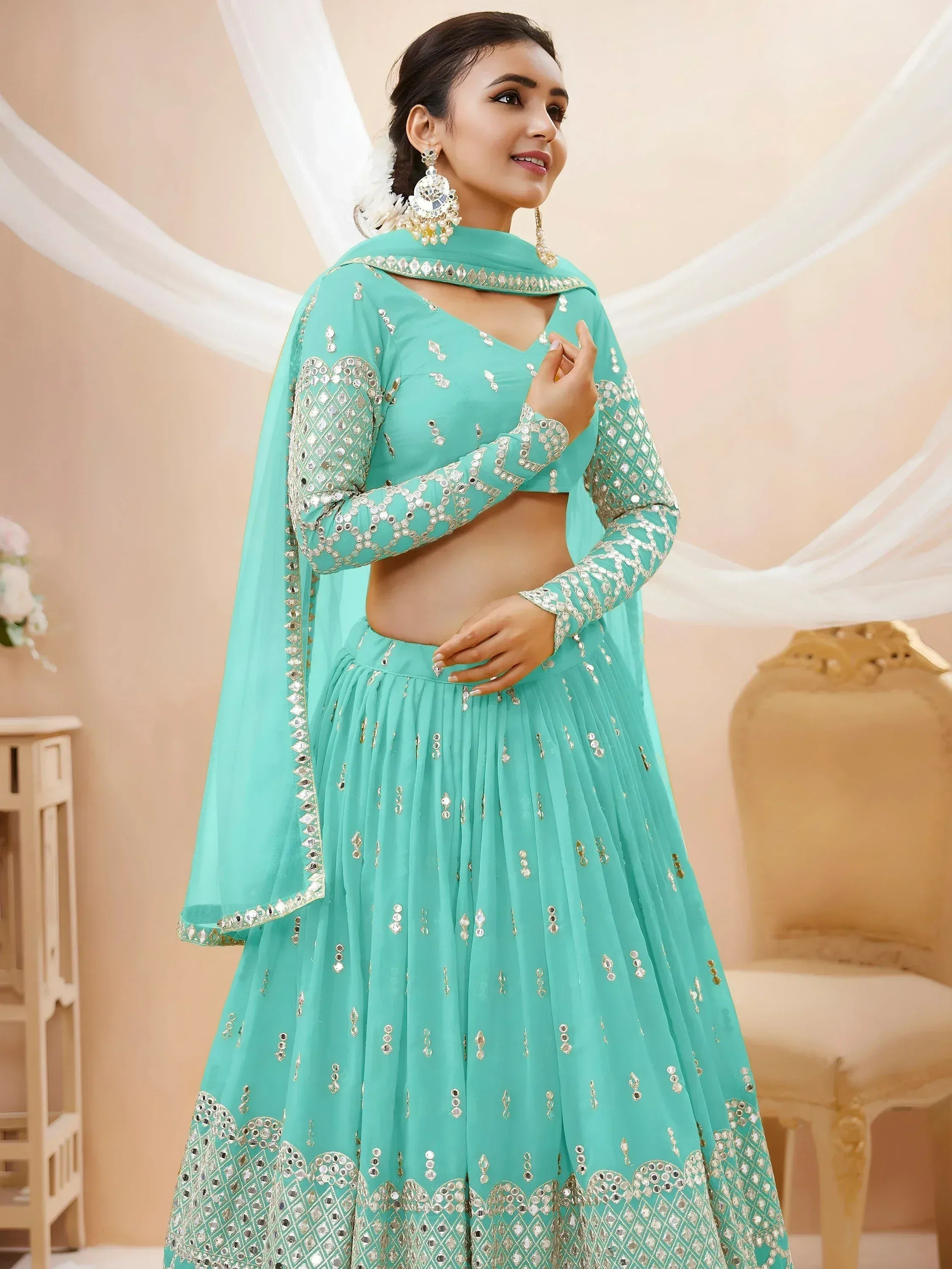 Tulsi Art Spectacular Sky Blue Sequins Georgette Sangeet Wear Lehenga Choli | Grocsy