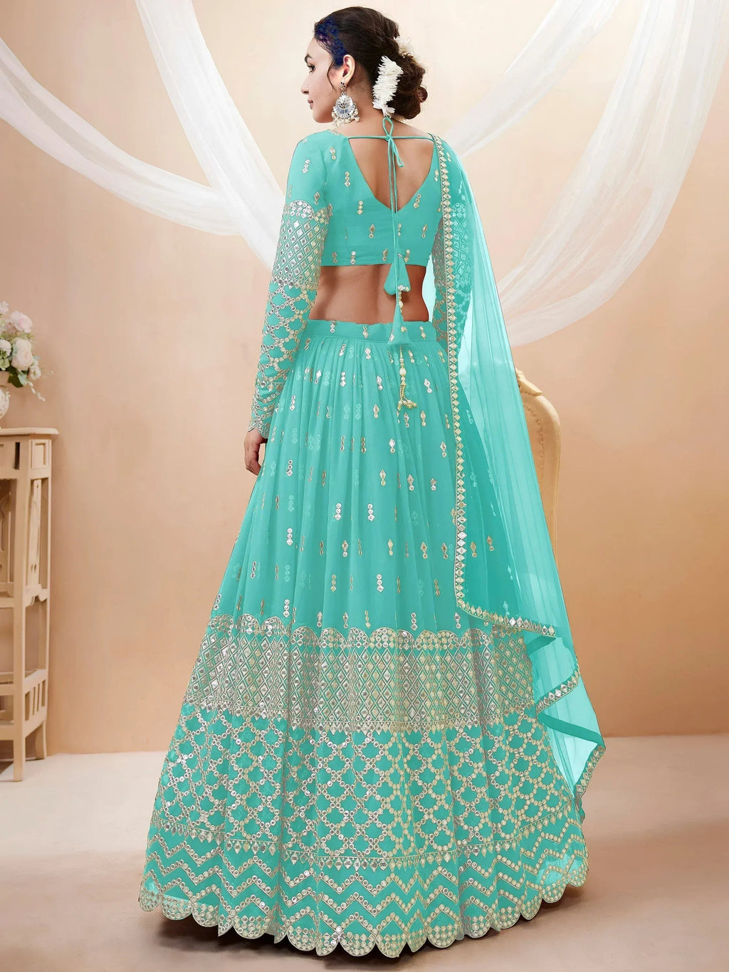 Tulsi Art Spectacular Sky Blue Sequins Georgette Sangeet Wear Lehenga Choli | Grocsy