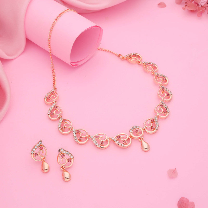 Tehzeeb Creations Brass Rose Gold-Polished Pink Colour Necklace With Earrings | Grocsy