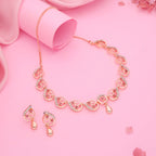 Tehzeeb Creations Brass Rose Gold-Polished Pink Colour Necklace With Earrings | Grocsy