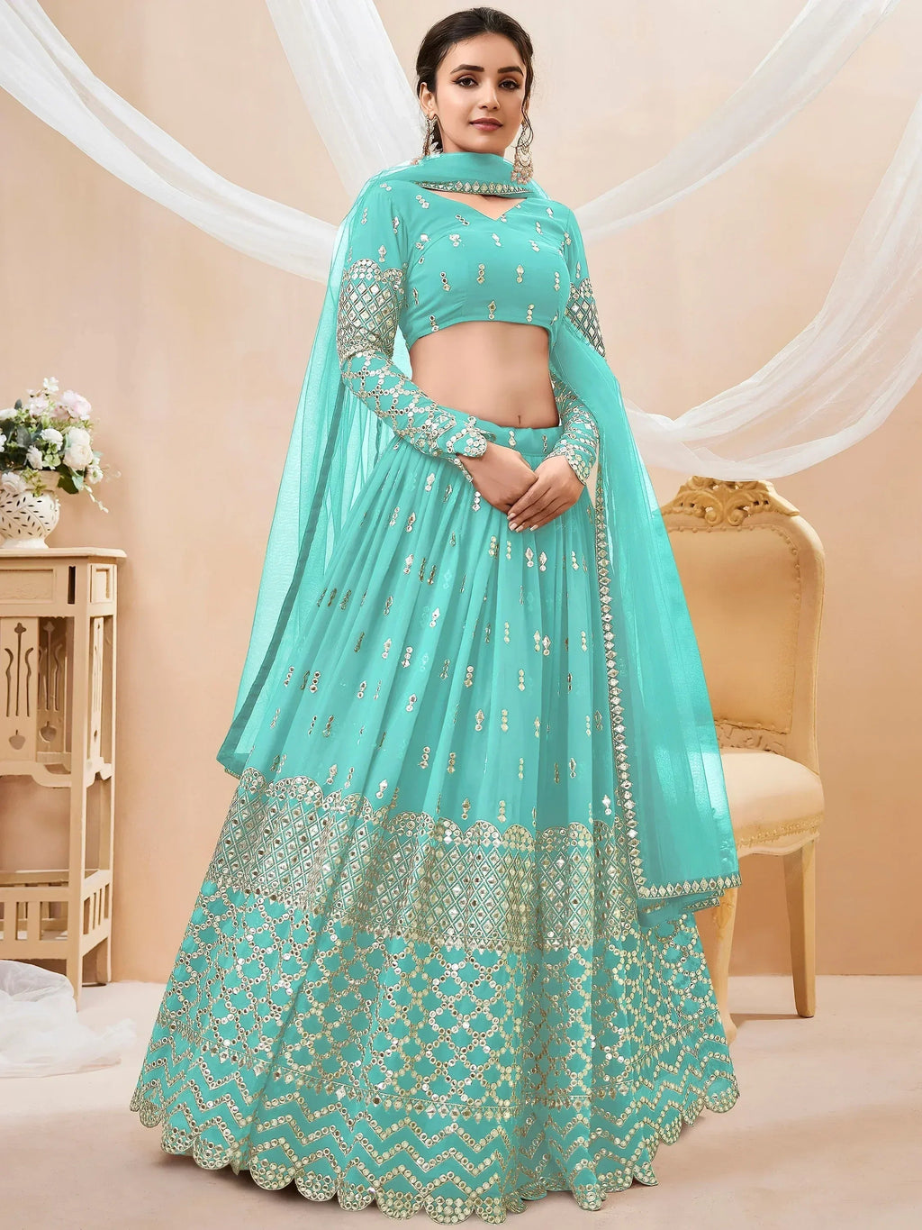 Tulsi Art Spectacular Sky Blue Sequins Georgette Sangeet Wear Lehenga Choli | Grocsy