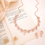 Tehzeeb Creations Brass Rose Gold-Polished Pink Colour Necklace With Earrings | Grocsy