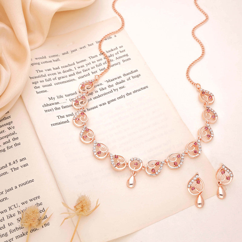 Tehzeeb Creations Brass Rose Gold-Polished Pink Colour Necklace With Earrings | Grocsy