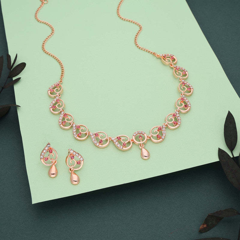 Tehzeeb Creations Brass Rose Gold-Polished Pink Colour Necklace With Earrings | Grocsy