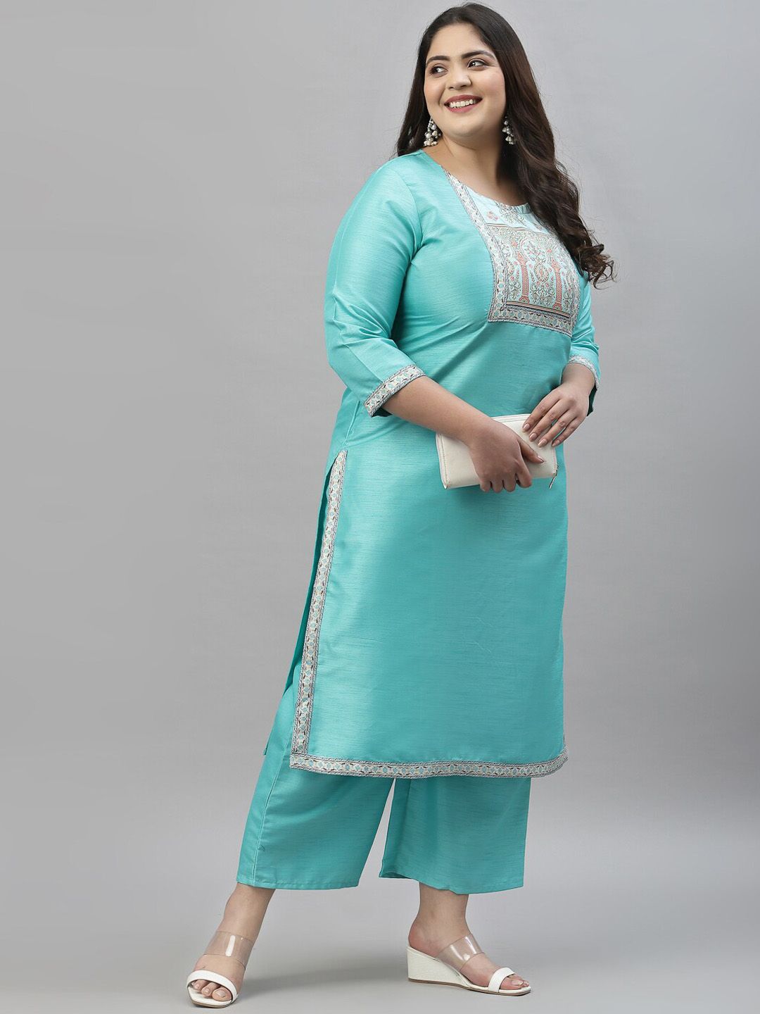 Sztori Plus Size Floral Printed Round Neck Straight Kurta with Palazzos | Grocsy