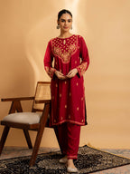 HOUSE OF KARI Floral Embroidered Chikankari Kurta With Palazzos | Grocsy