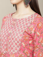 Sangria Women Pink Floral Printed Pure Cotton Kurta with Trouser & Dupatta | Grocsy