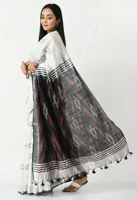 Mominos Fashion Moeza White & Black Bhagalpuri Handloom Ikat Pure Cotton Saree with unstitched Blouse piece | Grocsy