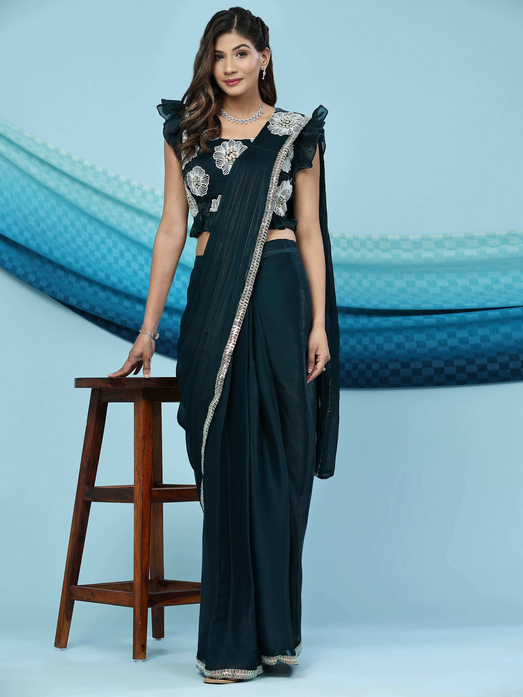 Green Silk Satin Sequence Work Ready to Wear Saree with stitched Blouse - Nirvana | Grocsy