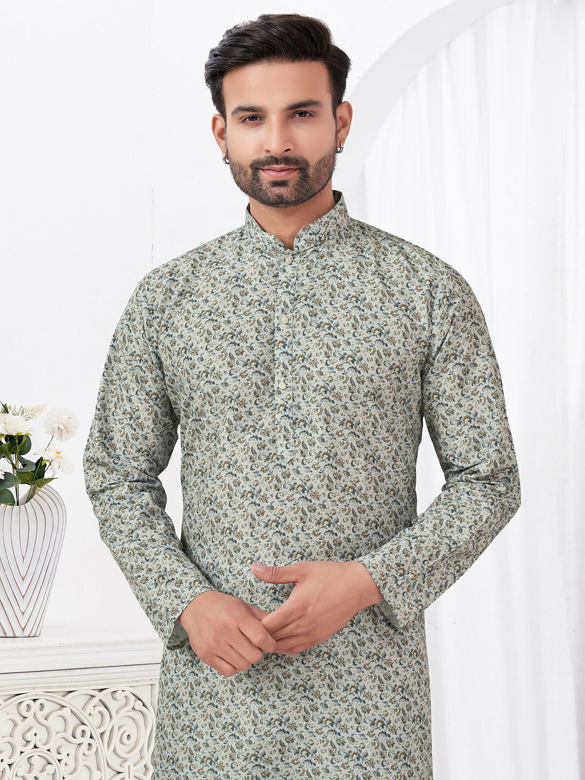 Joban Fashion Men's Rayon Cotton Cream Printed Kurta Pyjama set | Grocsy