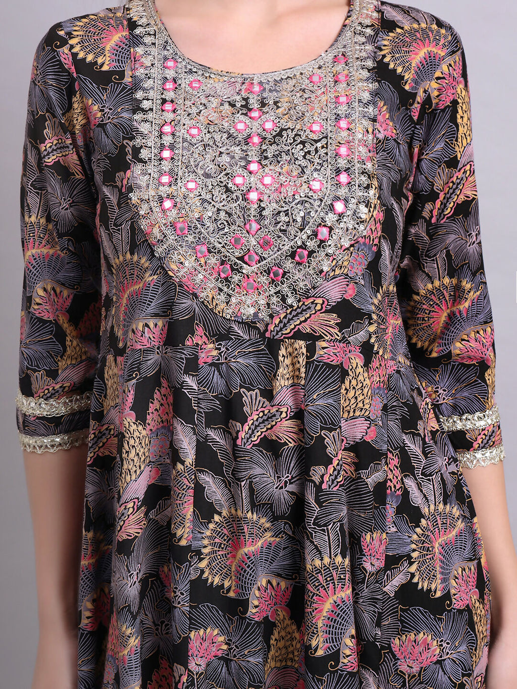 Joban Fashion Black Cotton Floral Printed & Embroidery Work Anarkali Dress | Grocsy