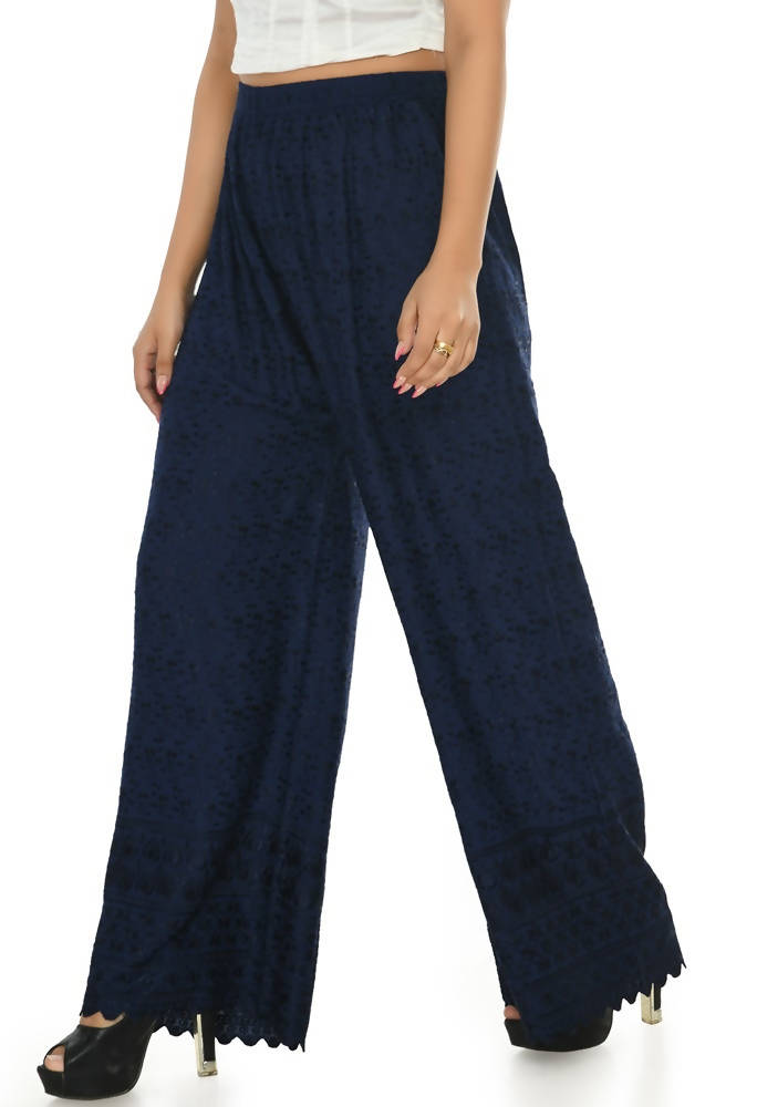 Mominos Fashion Moeza Reyon Cotton Navy Blue Chikan Work Palazzo | Grocsy