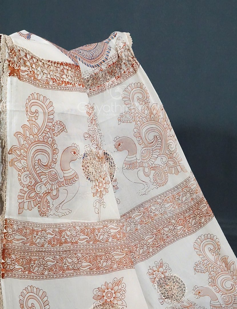 Cream Colour Peacock Block Print Crocia Mulmul Cotton Saree By Gayathri Reddy Designer Studio | Grocsy