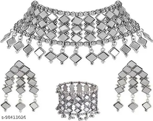 Tehzeeb Creations Women's Silver Colour Oxidised Necklace,Earrings And Bangle In Mirror Design | Grocsy