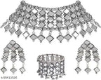Tehzeeb Creations Women's Silver Colour Oxidised Necklace,Earrings And Bangle In Mirror Design | Grocsy