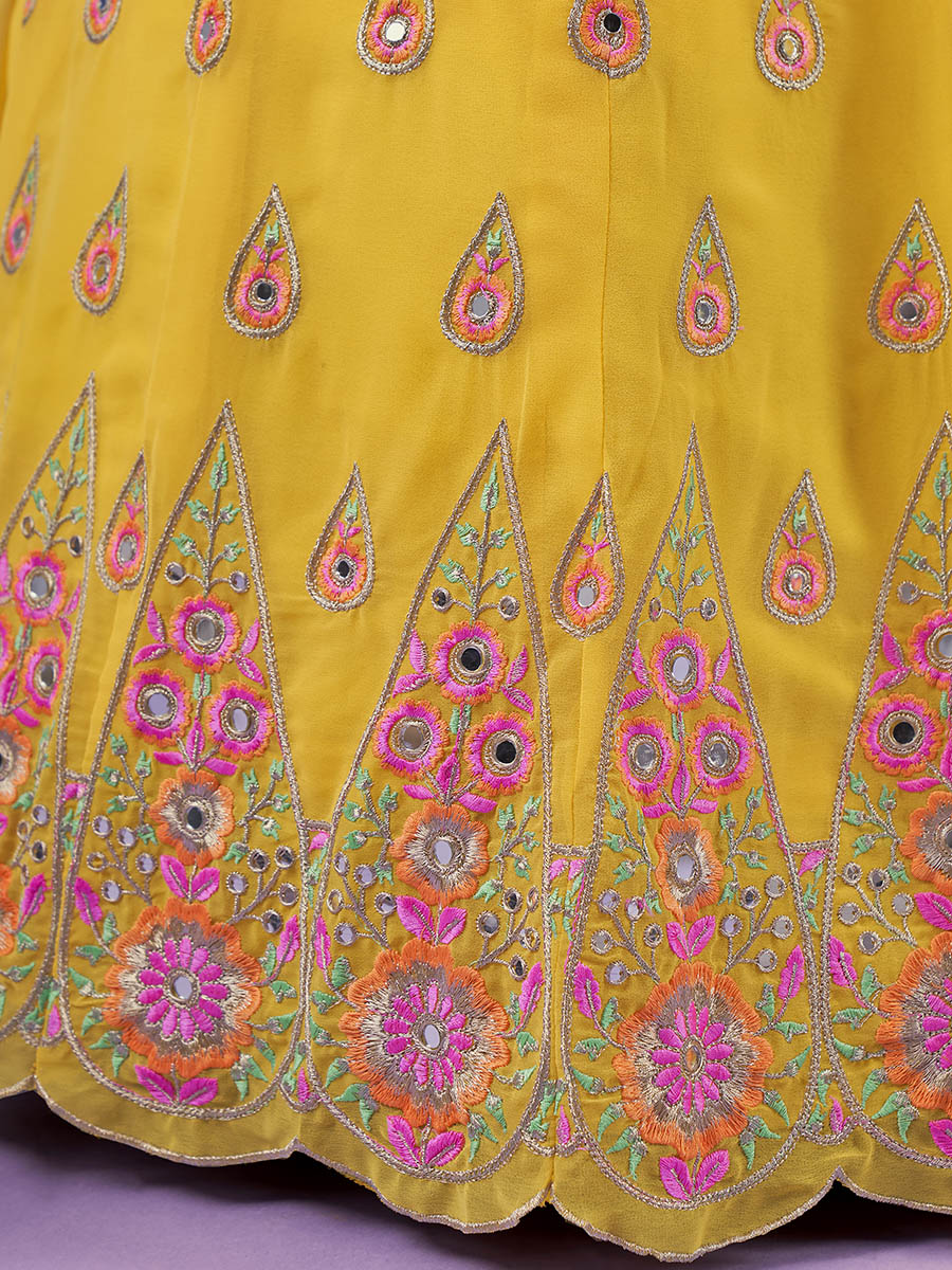 Myra Yellow Georgette Embroidered Designer Lehenga | Grocsy