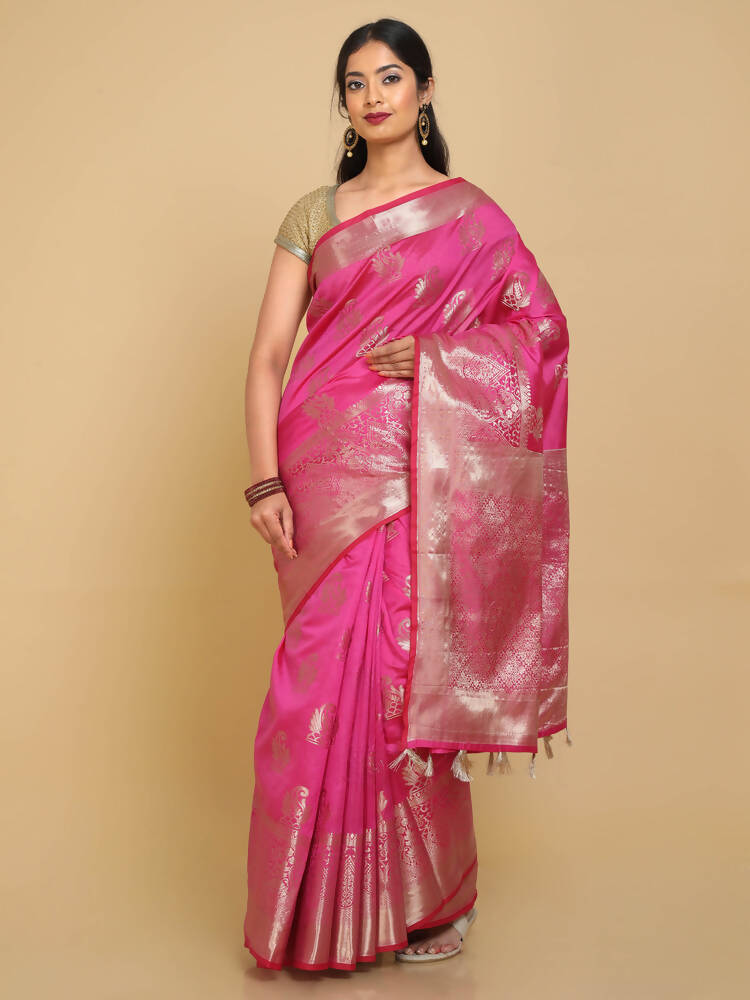 Kalamandir Zari Paisleys Pink Silk Blend Saree | Grocsy