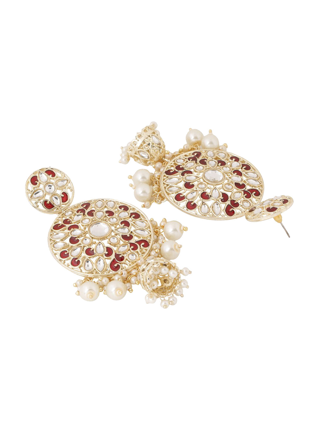 Shoshaa Maroon Contemporary Gold-Polished Kundan Drop Earrings With Jhumkas Earrings Sets | Grocsy