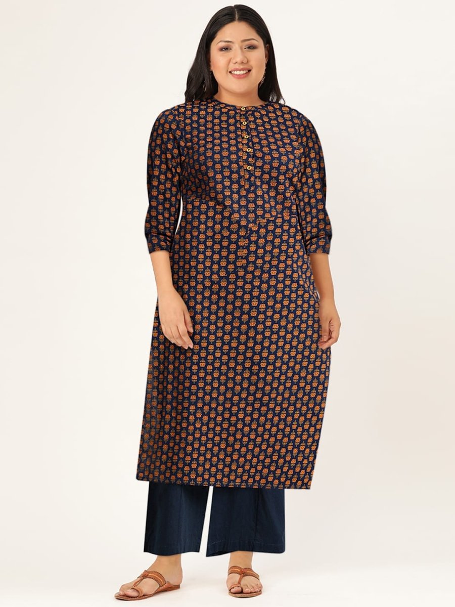 All About You Women Navy Blue & Gold-Toned Ethnic Motifs Printed Regular Kurta | Grocsy