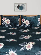 Cloth Fusion Green & White Floral Velvet Warm 104 TC King Bedsheet With 2 Pillow Covers | Grocsy
