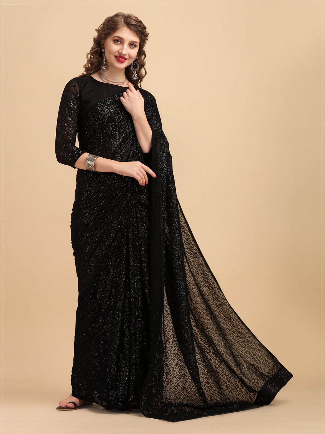 Sangria Black Embellished Sequinned Pure Georgette Saree | Grocsy