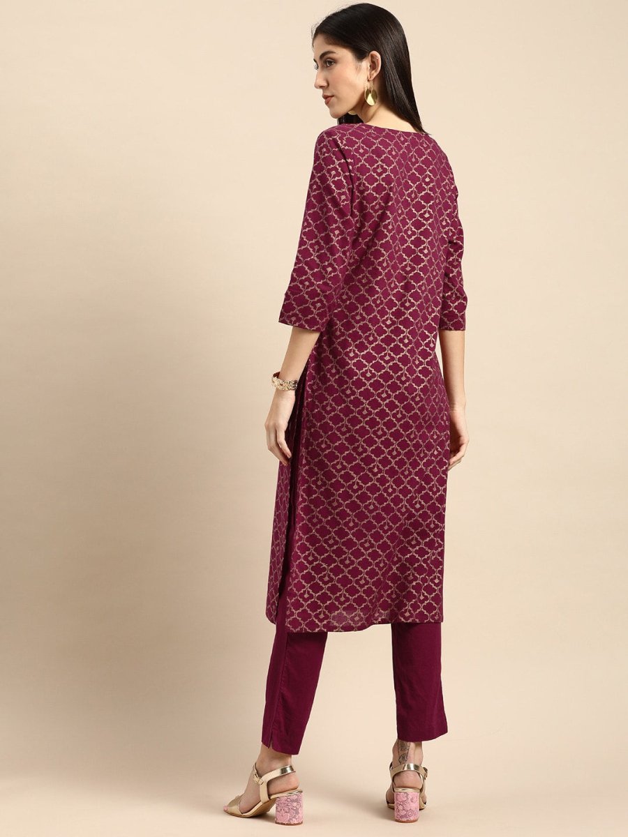 All About You Women Maroon Woven Design Pure Cotton Kurta with Trousers | Grocsy