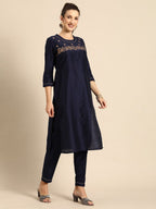 All About You Women Navy Blue Floral Thread Work Kurta with Trousers & With Dupatta | Grocsy